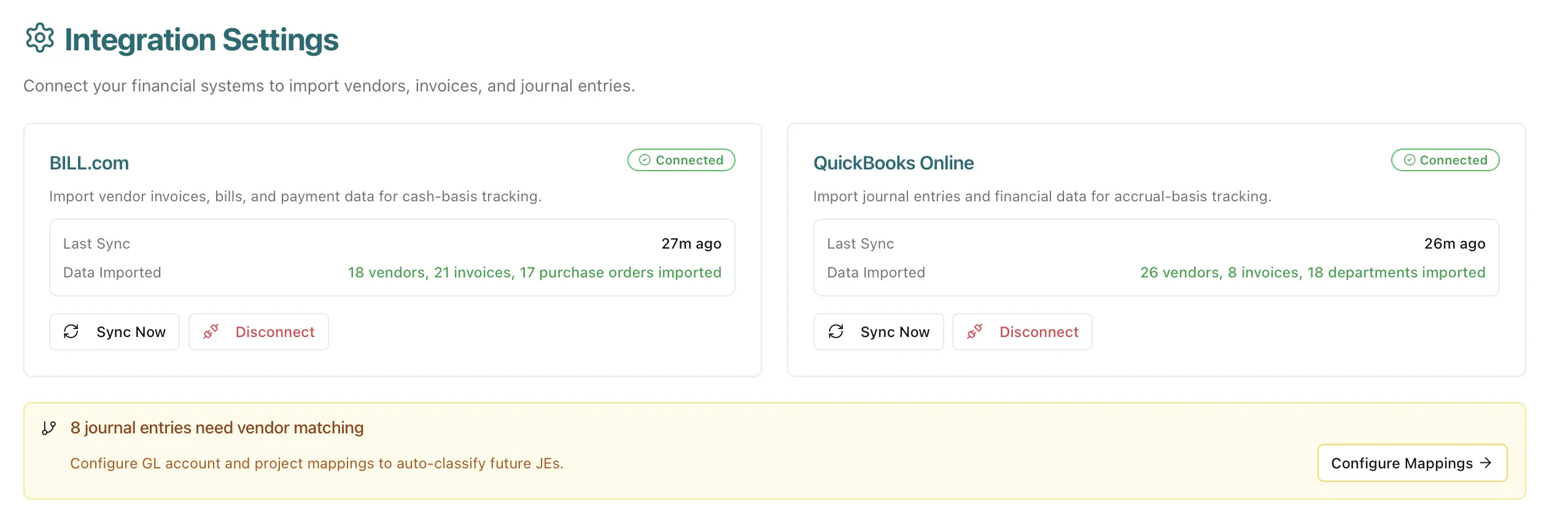 VendorCast Integration Settings — Bill.com and QuickBooks Online connected with sync status and journal entry matching